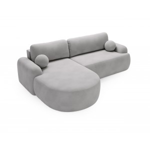 Elegantes hellgraues Ecksofa CLOUDY aus Veloursstoff mit abgerundeten Seiten und dekorativen kugelförmigen Polstern 5/9