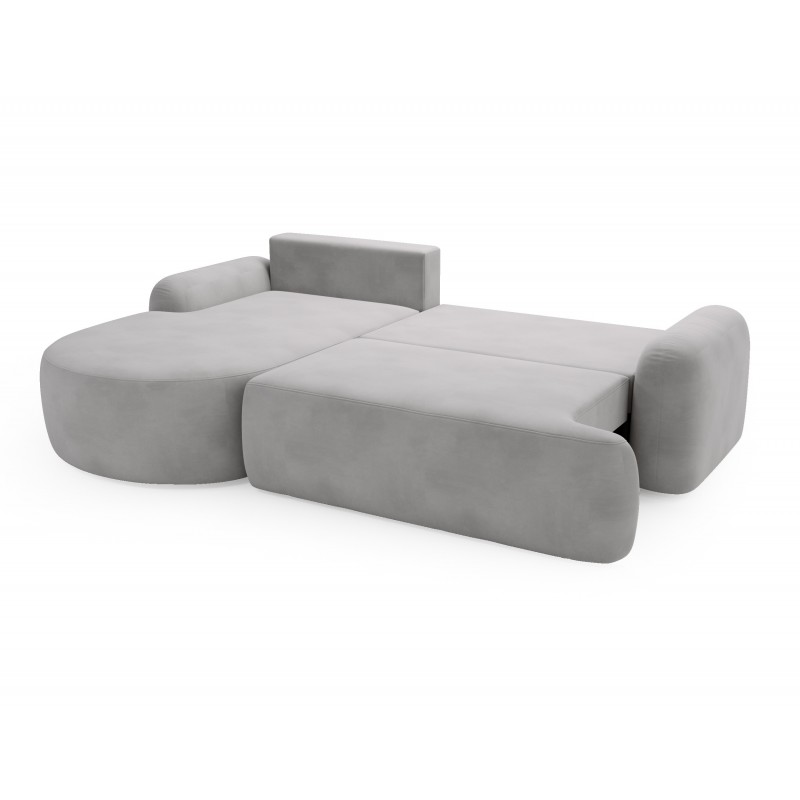 Elegantes hellgraues Ecksofa CLOUDY aus Veloursstoff mit abgerundeten Seiten und dekorativen kugelförmigen Polstern 6/9