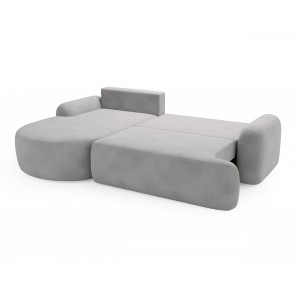 Elegantes hellgraues Ecksofa CLOUDY aus Veloursstoff mit abgerundeten Seiten und dekorativen kugelförmigen Polstern 6/9