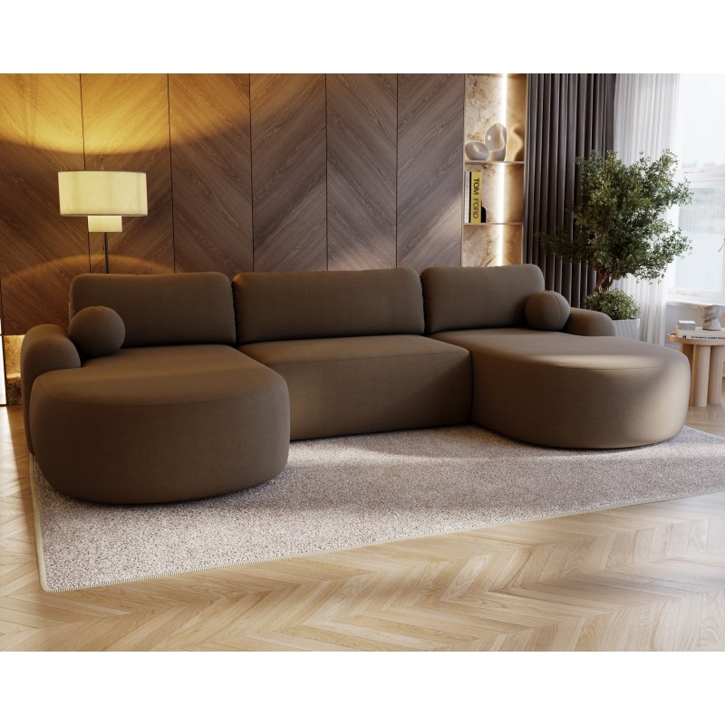 Elegantes braunes Ecksofa U CLOUDY aus Lammfellstoff mit abgerundeten Seiten und dekorativen kugelförmigen Kissen 3/9