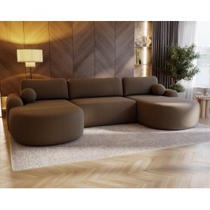 Elegantes braunes Ecksofa U CLOUDY aus Lammfellstoff mit abgerundeten Seiten und dekorativen kugelförmigen Kissen 3/9