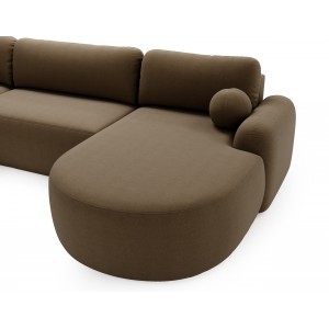 Elegantes braunes Ecksofa U CLOUDY aus Lammfellstoff mit abgerundeten Seiten und dekorativen kugelförmigen Kissen 5/9