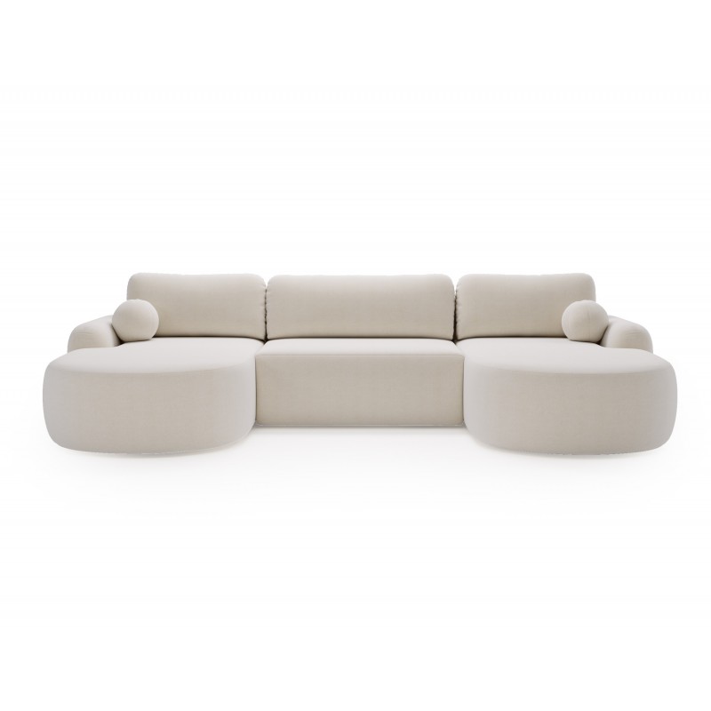 Elegantes weißes Ecksofa U CLOUDY aus Lammfellstoff mit abgerundeten Seiten und dekorativen kugelförmigen Kissen 2/9
