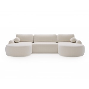 Elegantes weißes Ecksofa U CLOUDY aus Lammfellstoff mit abgerundeten Seiten und dekorativen kugelförmigen Kissen 2/9