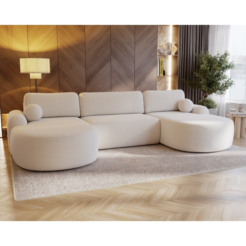 Elegantes weißes Ecksofa U CLOUDY aus Lammfellstoff mit abgerundeten Seiten und dekorativen kugelförmigen Kissen 3/9