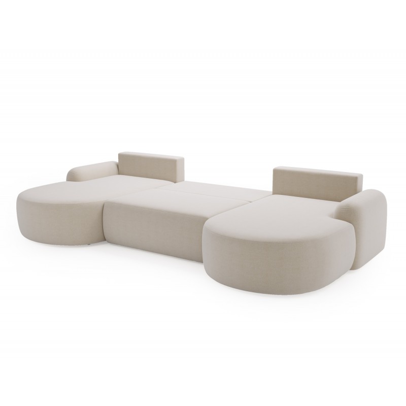 Elegantes weißes Ecksofa U CLOUDY aus Lammfellstoff mit abgerundeten Seiten und dekorativen kugelförmigen Kissen 4/9