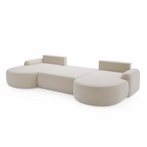 Elegantes weißes Ecksofa U CLOUDY aus Lammfellstoff mit abgerundeten Seiten und dekorativen kugelförmigen Kissen 4/9