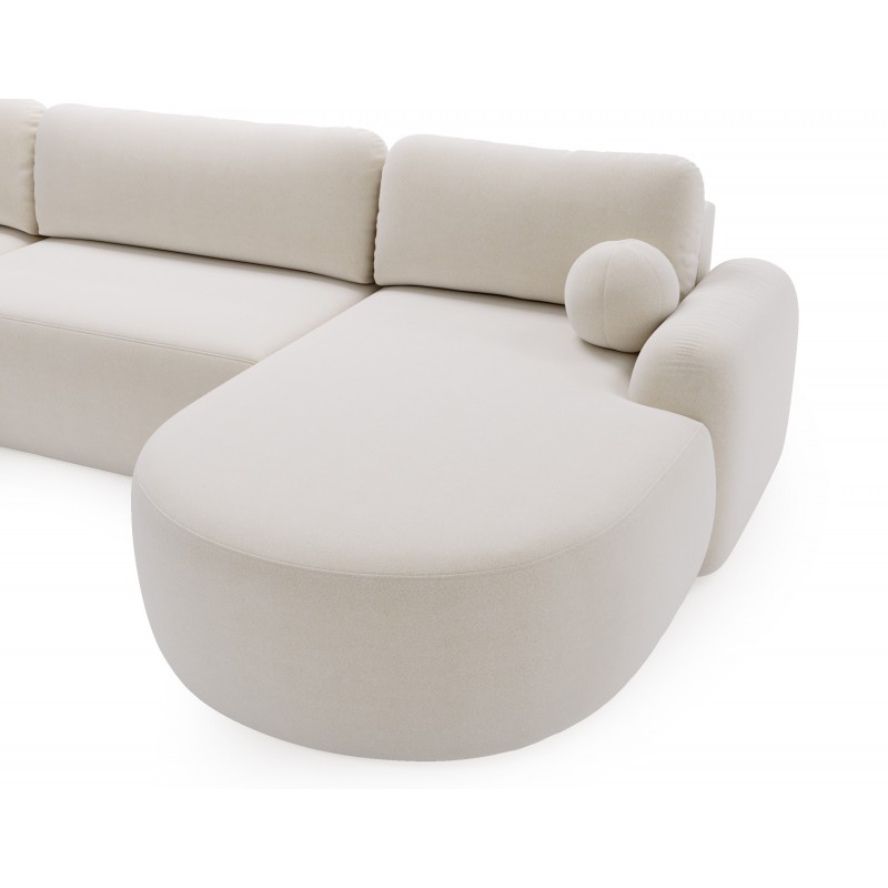 Elegantes weißes Ecksofa U CLOUDY aus Lammfellstoff mit abgerundeten Seiten und dekorativen kugelförmigen Kissen 5/9