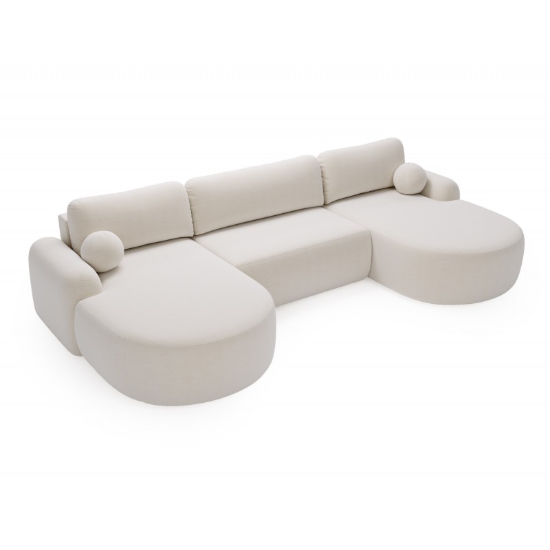 Elegantes weißes Ecksofa U CLOUDY aus Lammfellstoff mit abgerundeten Seiten und dekorativen kugelförmigen Kissen 6/9