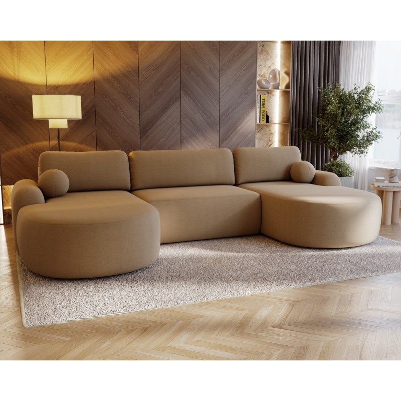 Elegantes beiges Ecksofa U CLOUDY aus Lammfellstoff mit abgerundeten Seiten und dekorativen Kugelkissen 3/9