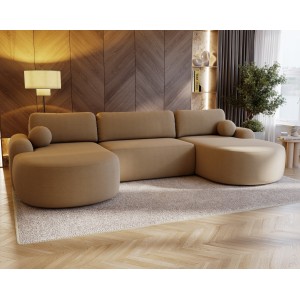 Elegantes beiges Ecksofa U CLOUDY aus Lammfellstoff mit abgerundeten Seiten und dekorativen Kugelkissen 3/9