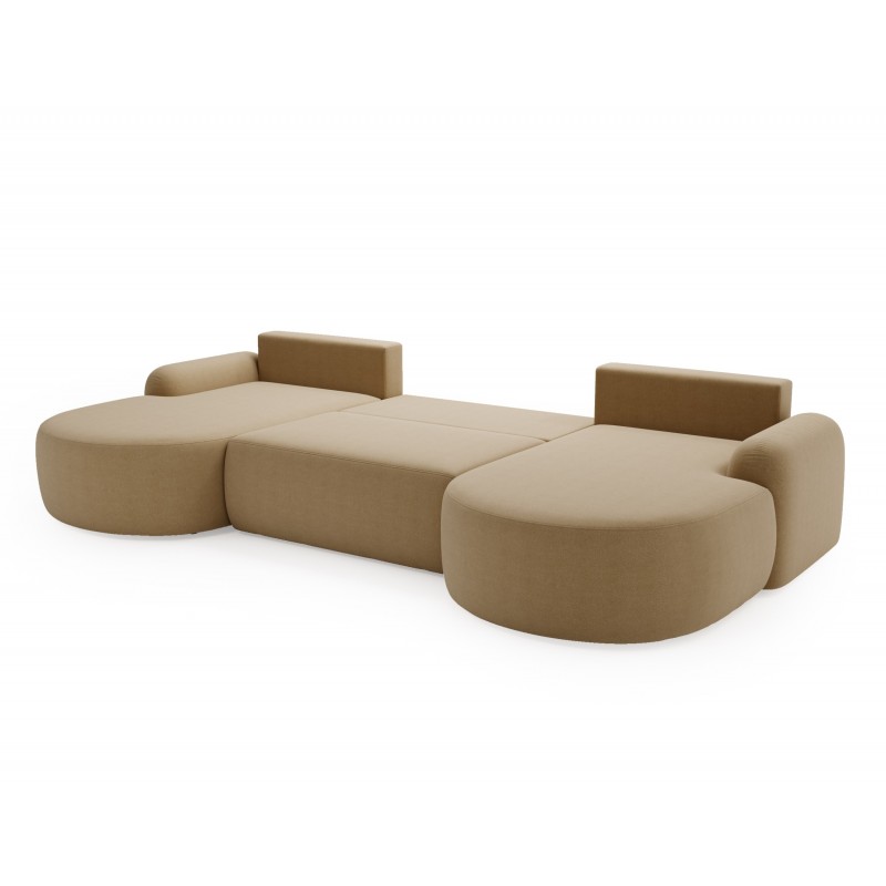 Elegantes beiges Ecksofa U CLOUDY aus Lammfellstoff mit abgerundeten Seiten und dekorativen Kugelkissen 4/9