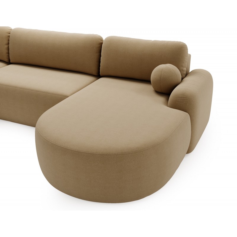 Elegantes beiges Ecksofa U CLOUDY aus Lammfellstoff mit abgerundeten Seiten und dekorativen Kugelkissen 5/9