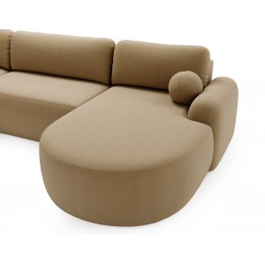 Elegantes beiges Ecksofa U CLOUDY aus Lammfellstoff mit abgerundeten Seiten und dekorativen Kugelkissen 5/9