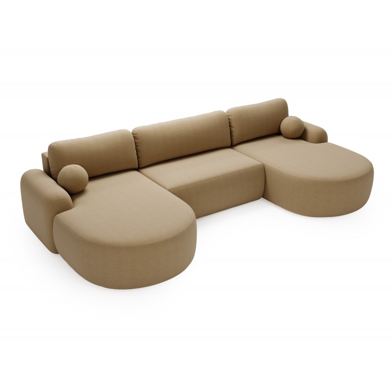 Elegantes beiges Ecksofa U CLOUDY aus Lammfellstoff mit abgerundeten Seiten und dekorativen Kugelkissen 6/9