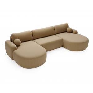 Elegantes beiges Ecksofa U CLOUDY aus Lammfellstoff mit abgerundeten Seiten und dekorativen Kugelkissen 6/9