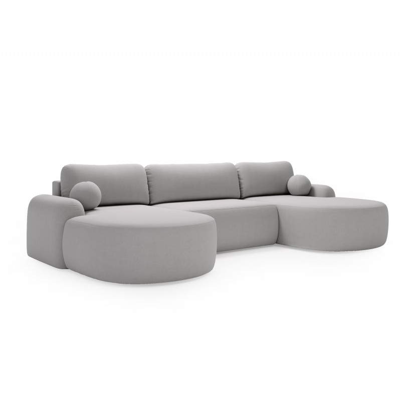 Elegantes hellgraues Ecksofa U CLOUDY aus Lammfellstoff mit abgerundeten Seiten und dekorativen kugelförmigen Kissen 1/9