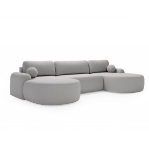 Elegantes hellgraues Ecksofa U CLOUDY aus Lammfellstoff mit abgerundeten Seiten und dekorativen kugelförmigen Kissen 1/9