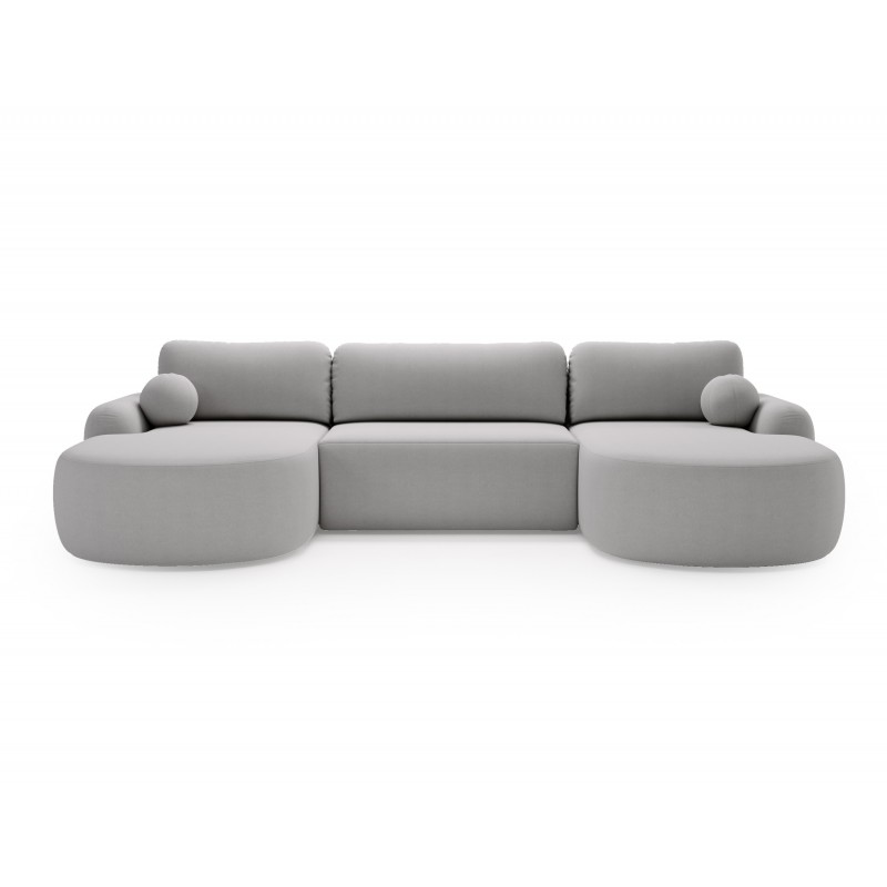 Elegantes hellgraues Ecksofa U CLOUDY aus Lammfellstoff mit abgerundeten Seiten und dekorativen kugelförmigen Kissen 2/9