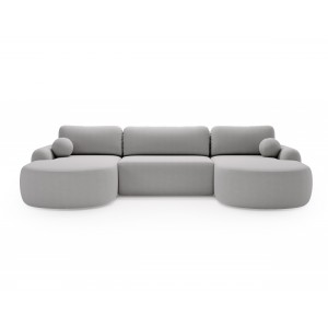 Elegantes hellgraues Ecksofa U CLOUDY aus Lammfellstoff mit abgerundeten Seiten und dekorativen kugelförmigen Kissen 2/9