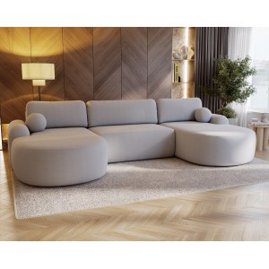 Elegantes hellgraues Ecksofa U CLOUDY aus Lammfellstoff mit abgerundeten Seiten und dekorativen kugelförmigen Kissen 3/9