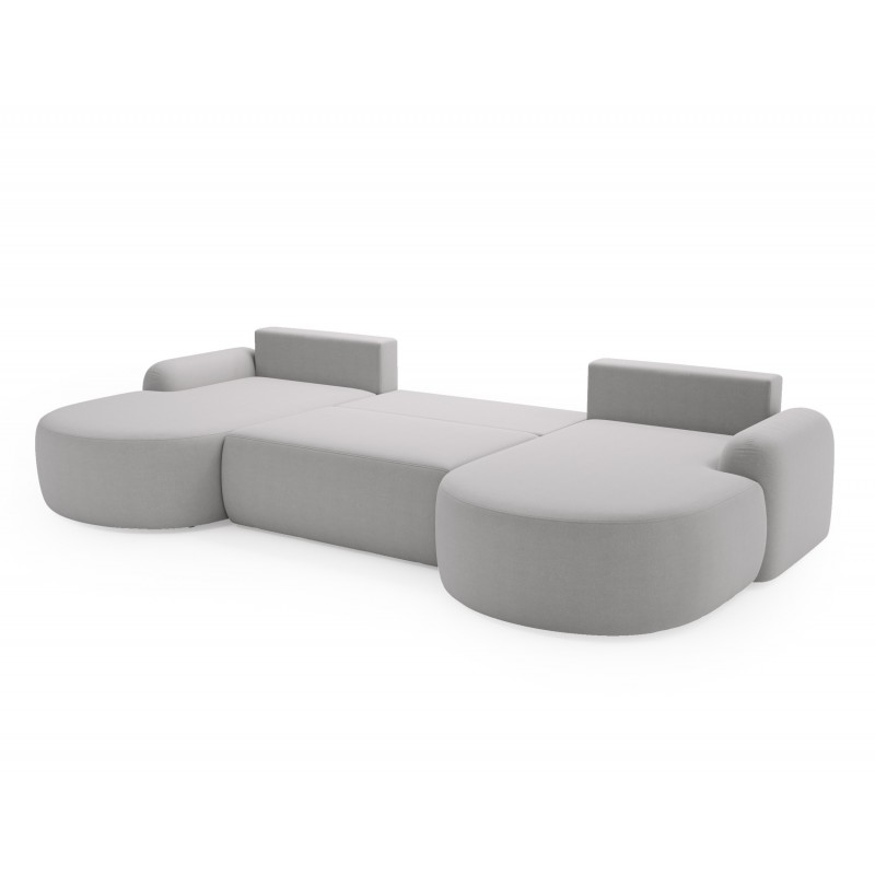 Elegantes hellgraues Ecksofa U CLOUDY aus Lammfellstoff mit abgerundeten Seiten und dekorativen kugelförmigen Kissen 4/9