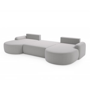 Elegantes hellgraues Ecksofa U CLOUDY aus Lammfellstoff mit abgerundeten Seiten und dekorativen kugelförmigen Kissen 4/9