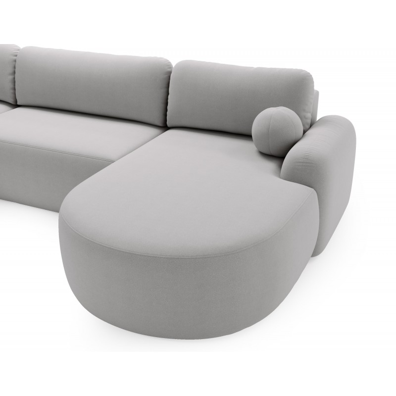 Elegantes hellgraues Ecksofa U CLOUDY aus Lammfellstoff mit abgerundeten Seiten und dekorativen kugelförmigen Kissen 5/9
