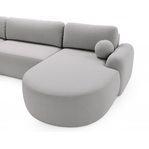 Elegantes hellgraues Ecksofa U CLOUDY aus Lammfellstoff mit abgerundeten Seiten und dekorativen kugelförmigen Kissen 5/9