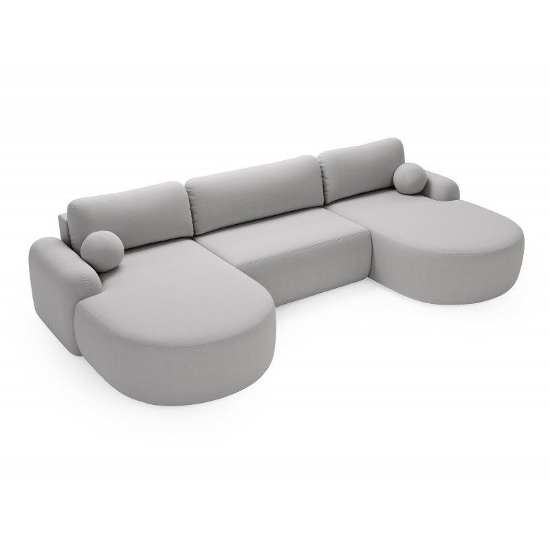 Elegantes hellgraues Ecksofa U CLOUDY aus Lammfellstoff mit abgerundeten Seiten und dekorativen kugelförmigen Kissen 6/9