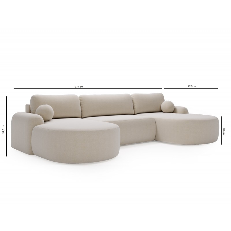 Elegantes hellgraues Ecksofa U CLOUDY aus Lammfellstoff mit abgerundeten Seiten und dekorativen kugelförmigen Kissen 7/9