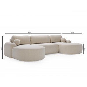 Elegantes hellgraues Ecksofa U CLOUDY aus Lammfellstoff mit abgerundeten Seiten und dekorativen kugelförmigen Kissen 7/9