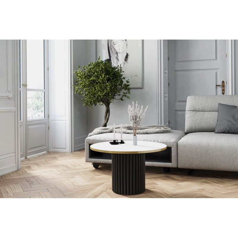 VIRELO GOLD Tisch mit weißer Platte und goldener Umrandung auf schwarzem Glamour-Fuß 2/9