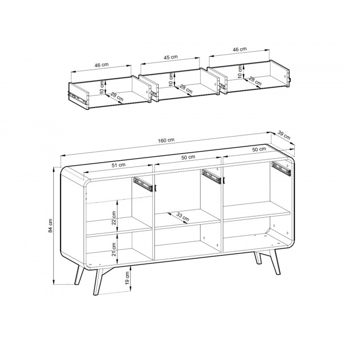 Kommode VELION 160 cm - breit, Eiche, push-to-open, abgerundete Kanten, 3 Schubladen