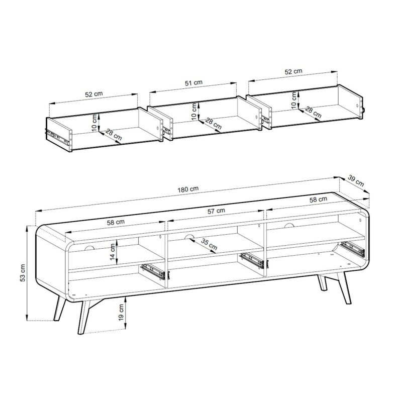 RTV Schrank VELION 180 cm - modern, TV-Tisch mit 3 Schubladen, Eiche matt 6/9