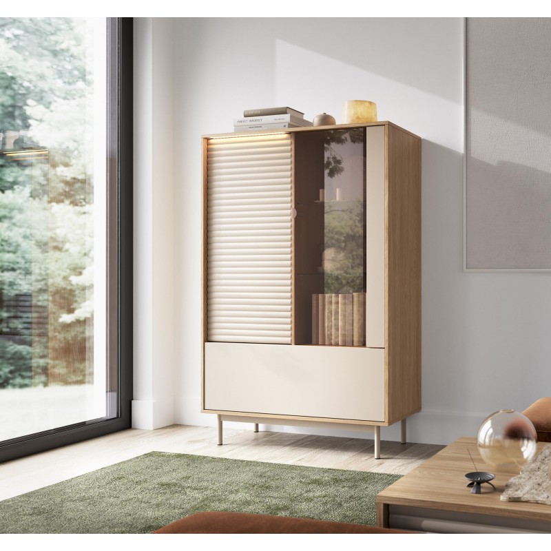 Vitrine LATILO in geölter Eiche mit Kaschmirfronten und dezenter LED-Beleuchtung 4/9