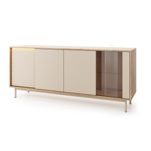 Viertürige Kommode LATILO aus geölter Eiche mit Kaschmir-Fronten und LED-Beleuchtung 1/9