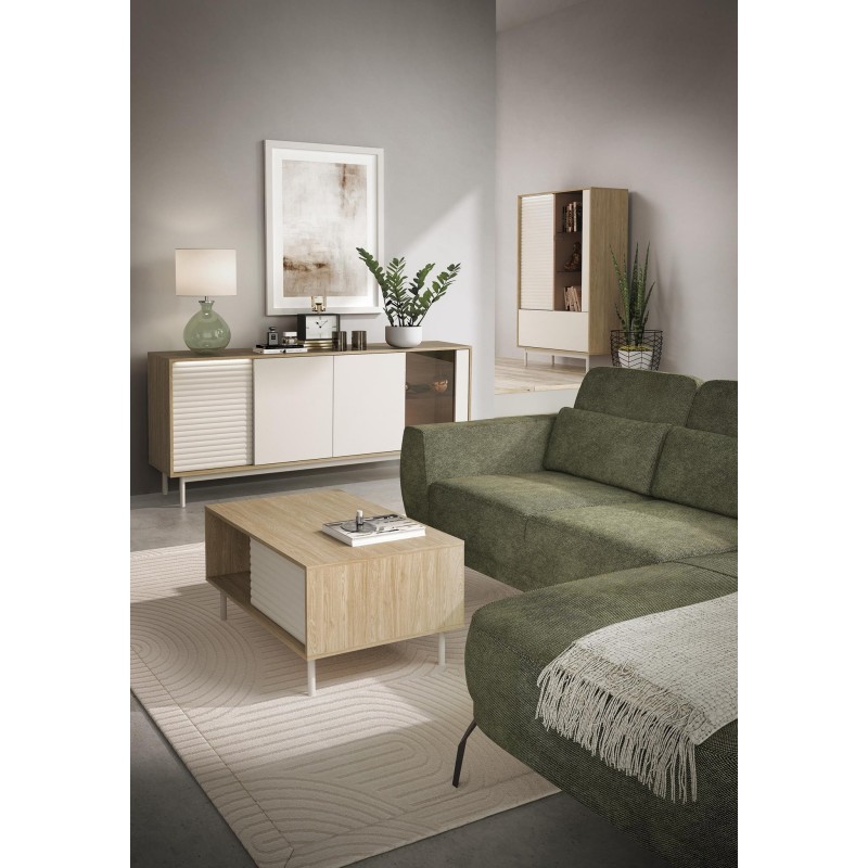 Viertürige Kommode LATILO aus geölter Eiche mit Kaschmir-Fronten und LED-Beleuchtung 4/9
