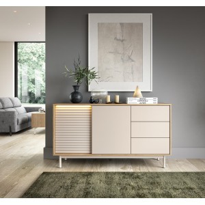 Moderne zweitürige Kommode LATILO in Kaschmir und geölter Eiche mit LED-Beleuchtung 4/9