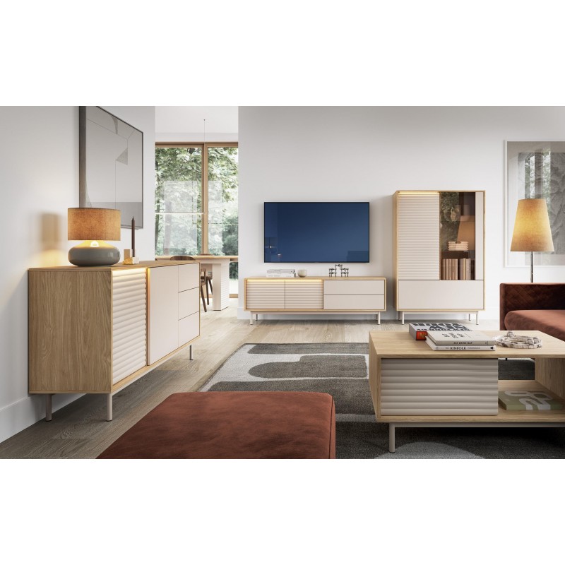 Moderne zweitürige Kommode LATILO in Kaschmir und geölter Eiche mit LED-Beleuchtung 5/9