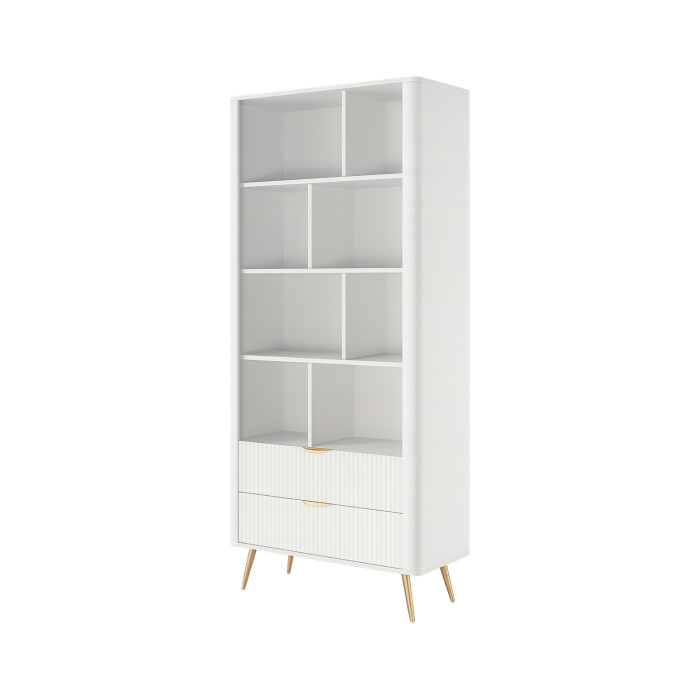 LANTE Bücherregal in weiß - mit 2 Schubladen, kannelierte Fronten, goldene Beine