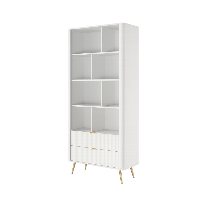 LANTE Bücherregal in weiß - mit 2 Schubladen, kannelierte Fronten, goldene Beine 1/9