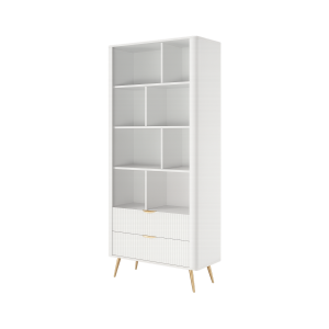 LANTE Bücherregal in weiß - mit 2 Schubladen, kannelierte Fronten, goldene Beine 1/9