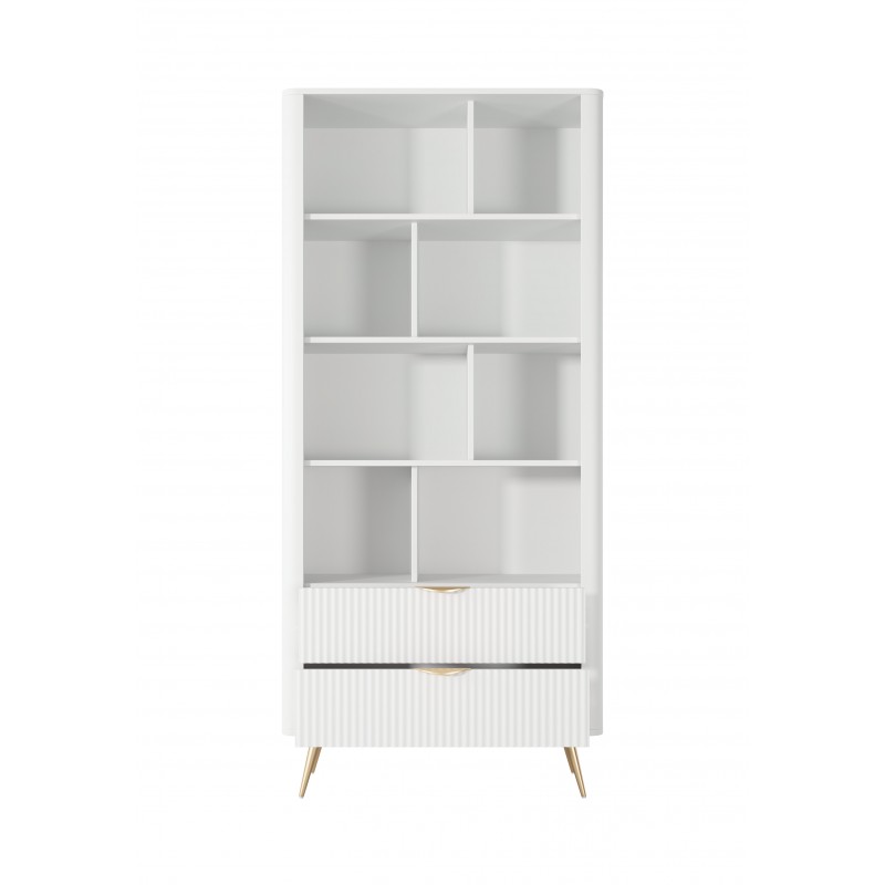 LANTE Bücherregal in weiß - mit 2 Schubladen, kannelierte Fronten, goldene Beine 2/9