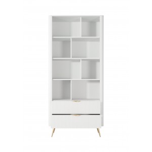 LANTE Bücherregal in weiß - mit 2 Schubladen, kannelierte Fronten, goldene Beine 2/9
