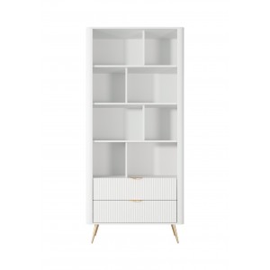 LANTE Bücherregal in weiß - mit 2 Schubladen, kannelierte Fronten, goldene Beine 3/9