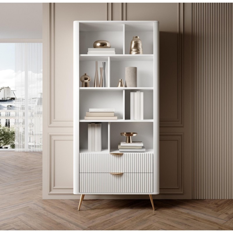 LANTE Bücherregal in weiß - mit 2 Schubladen, kannelierte Fronten, goldene Beine 5/9