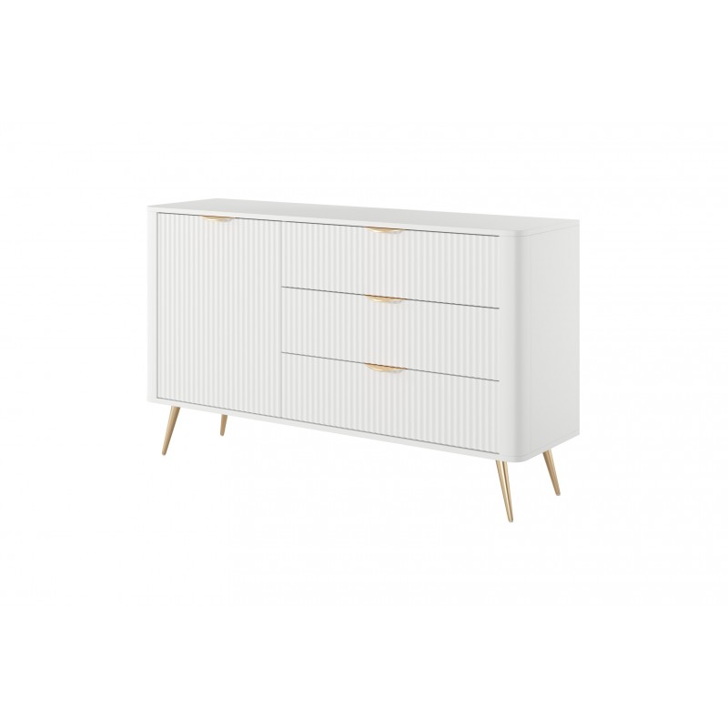 Weiße Kommode LANTE 138 cm - eintürig, 3 Schubladen, geriffelte Fronten, Goldakzente 1/9