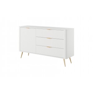Weiße Kommode LANTE 138 cm - eintürig, 3 Schubladen, geriffelte Fronten, Goldakzente 1/9