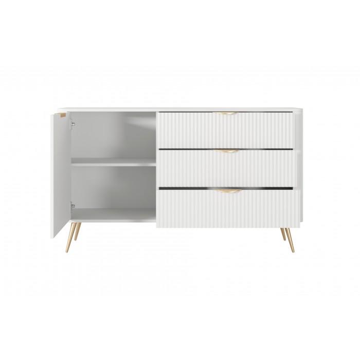 Weiße Kommode LANTE 138 cm - eintürig, 3 Schubladen, geriffelte Fronten, Goldakzente
